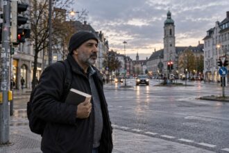 Άνδρας στέκεται σε σταυροδρόμι πόλης της Γερμανίας κατά τις πρώτες πρωινές ώρες