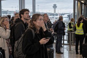 Σκηνή σε πύλη αναχώρησης του αεροδρομίου BER στο Βερολίνο με ένταση και επιβάτες.