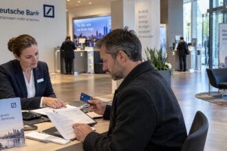 Πελάτης κρατά τραπεζική κάρτα μπροστά από οθόνη υπολογιστή με ηλεκτρονική τραπεζική στη Γερμανία