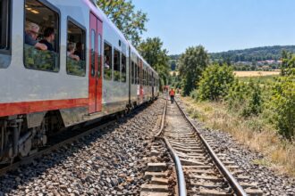 Σταματημένο περιφερειακό τρένο σε μονή σιδηροδρομική γραμμή στη Γερμανία με επιβάτες να κοιτούν έξω από τα παράθυρα.