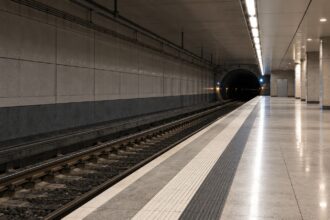 Άδεια αποβάθρα μετρό με γραμμή ασφαλείας κοντά στην άκρη και φωτισμένο διάδρομο.