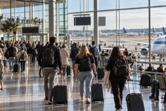 Επιβάτες με αποσκευές σε μεγάλο γερμανικό αεροδρόμιο, σε συμβολική εικόνα για την αύξηση των αεροπορικών εισιτηρίων στη Γερμανία.