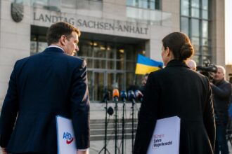 Συμβολική εικόνα έξω από το Landtag της Σαξονίας-Άνχαλτ με φακέλους AfD και BSW και μικρόφωνα Τύπου.