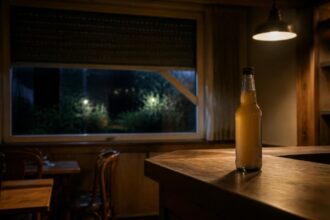 Συμβολική εικόνα μπίρας χωρίς αλκοόλ σε πάγκο μικρού εστιατορίου με παράθυρο και ρολό