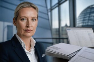 Συμβολική απεικόνιση της Alice Weidel με φόντο έγγραφα και ηλεκτρονική αλληλογραφία