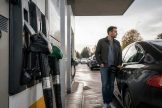 Αντλία καυσίμων και αυτοκίνητο σε πρατήριο βενζίνης στη Γερμανία, σε συμβολική εικόνα.