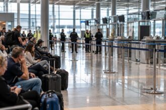 Αίθουσα αναχωρήσεων σε μεγάλο αεροδρόμιο της Στουτγάρδης, σε συμβολική εικόνα για την απειλή βόμβας και τη διακοπή των πτήσεων.