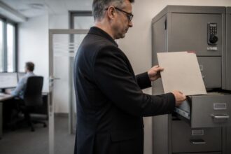 Υπάλληλος τοποθετεί φάκελο εγγράφων σε ασφαλές μεταλλικό ερμάριο γερμανικής υπηρεσίας