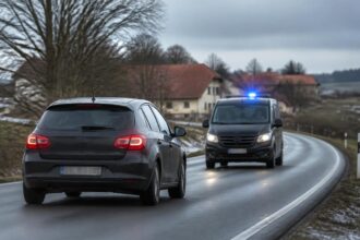 Συμβολική απεικόνιση καταδίωξης αυτοκινήτου από αστυνομικό βαν σε επαρχιακό δρόμο της Βαυαρίας