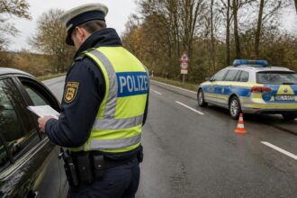 Αστυνομικός της γερμανικής αστυνομίας ελέγχει έγγραφα οδηγού δίπλα σε περιπολικό σε δρόμο της Γερμανίας.