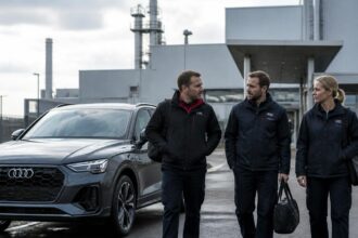 Εργαζόμενοι σε βιομηχανικό χώρο αυτοκινητοβιομηχανίας δίπλα σε όχημα Audi, σε συμβολική απεικόνιση των ανησυχιών στο Neckarsulm