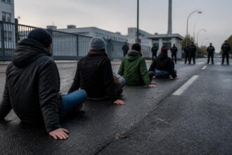 Συμβολική απεικόνιση διαδηλωτών καθισμένων στο οδόστρωμα έξω από βιομηχανικές εγκαταστάσεις στο Βερολίνο