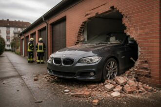 Συμβολική απεικόνιση BMW Cabrio που έχει διαπεράσει τοίχο από τούβλα σε γκαράζ στο Μόναχο, με πυροσβέστες στον χώρο.