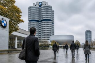Εργαζόμενοι μπροστά στα κεντρικά γραφεία της BMW στο Μόναχο σε συμβολική απεικόνιση