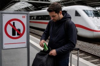 Συμβολική εικόνα επιβάτη δίπλα σε σήμανση απαγόρευσης αλκοόλ σε σταθμό της Deutsche Bahn