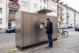 Ένα αυτόματο μηχάνημα παραλαβής δεμάτων (Paketautomat) σε αστικό δρόμο