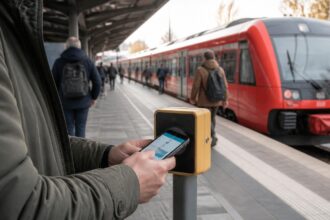 Επιβάτης με κινητό τηλέφωνο σε αποβάθρα περιφερειακού τρένου στη Γερμανία, συμβολική απεικόνιση ψηφιακού εισιτηρίου