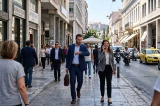 Επαγγελματίες περπατούν σε σύγχρονο εμπορικό δρόμο κατά την περίοδο της οικονομικής ανάπτυξης στην Ελλάδα