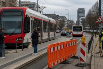 Συμβολική εικόνα αστικού συρμού και λεωφορείου αντικατάστασης κοντά σε εργοτάξιο στο Ντόρτμουντ