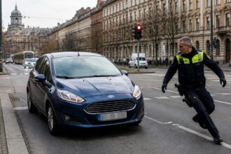 Συμβολική απεικόνιση αυτοκινήτου Ford κοντά σε αστυνομικό της Τροχαίας σε διασταύρωση στη Δρέσδη