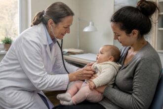 Συμβολική σκηνή δωρεάν παιδιατρικής εξέτασης βρέφους σε ιατρείο του Ντούισμπουργκ με τη μητέρα του παρούσα