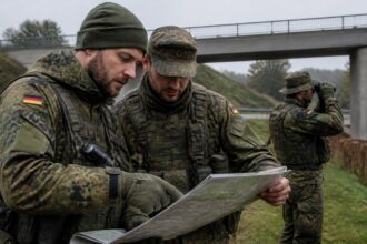 Έφεδροι της Bundeswehr με στρατιωτικές στολές συμμετέχουν σε υπαίθρια άσκηση εκπαίδευσης κοντά σε γέφυρα.