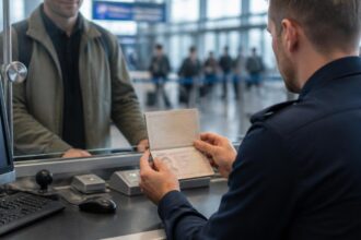 Συμβολική απεικόνιση αστυνομικού που εξετάζει ταξιδιωτικό έγγραφο σε γκισέ διαβατηριακού ελέγχου αεροδρομίου.