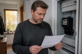 Ένοικος στη Γερμανία διαβάζει επιστολή προμηθευτή ενέργειας δίπλα σε ηλεκτρικό μετρητή.