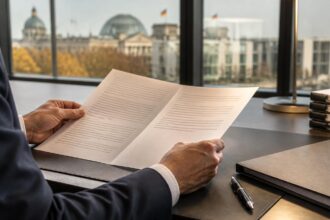 Συμβολική απεικόνιση διπλής επιστολής για τη συνταξιοδοτική πολιτική, την οποία εξετάζει υπάλληλος σε πολιτικό γραφείο.