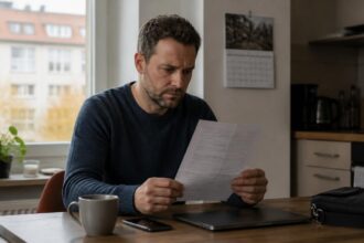Εργαζόμενος διαβάζει προσεκτικά έγγραφο σε τραπέζι κατοικίας δίπλα σε φορητό υπολογιστή.