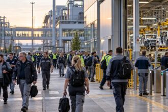 Εργαζόμενοι έξω από σύγχρονο εργοστάσιο αυτοκινήτων στη Βάδη-Βυρτεμβέργη, σε συμβολική εικόνα για την Audi Neckarsulm.