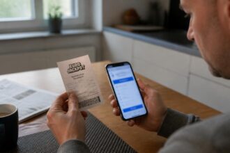 Ανδρικά χέρια κρατούν δελτίο λοταρίας δίπλα σε κινητό τηλέφωνο πάνω σε τραπέζι κατοικίας.