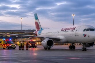 Αεροσκάφος της Eurowings σε αεροδρόμιο, με οχήματα διάσωσης στον χώρο στάθμευσης