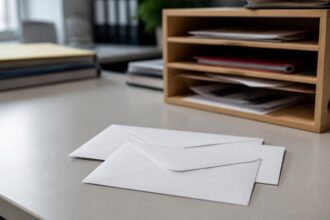Λευκοί φάκελοι αλληλογραφίας πάνω σε γραφείο, δίπλα σε θήκη εγγράφων.