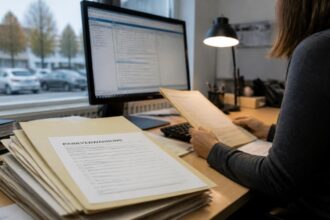 Συμβολική εικόνα γραφείου δημοτικής υπηρεσίας με φακέλους παραβάσεων στάθμευσης, υπολογιστή και εργαζόμενο.