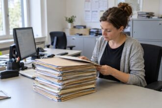 Υπάλληλος ξεφυλλίζει στοίβα από κλειστούς φακέλους σε γραφείο με οθόνη υπολογιστή.