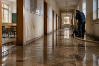 Συμβολική εικόνα πλημμυρισμένου διαδρόμου γερμανικού σχολείου με νερό στο πάτωμα και κλειστές αίθουσες