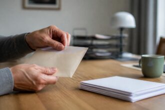 Χέρι ανοίγει λευκό φάκελο αλληλογραφίας δίπλα σε χαρτιά πάνω σε τραπέζι κατοικίας.