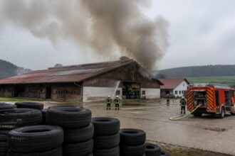 Πυροσβεστικό όχημα και πυροσβέστες κοντά σε αποθήκη ελαστικών με καπνό στη Βαυαρία.