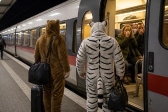 Δύο άνδρες με λούτρινες στολές σε αποβάθρα δίπλα σε νυχτερινό τρένο, συμβολική απεικόνιση του περιστατικού στην Ερφούρτη