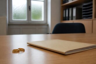 Δύο βέρες δίπλα σε κλειστό φάκελο πάνω σε γραφείο διοικητικής υπηρεσίας