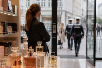 Συμβολική εικόνα από κατάστημα αρωμάτων με εργαζόμενη ασφάλειας και αστυνομικούς στο βάθος