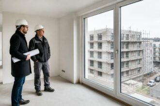 Συμβολική απεικόνιση λιτά κατασκευασμένου νέου διαμερίσματος στη Γερμανία με επαγγελματίες του κατασκευαστικού κλάδου