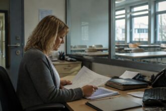 Συμβολική εικόνα διοικητικού ελέγχου εγγράφων σε επαγγελματικό σχολείο στη Γερμανία