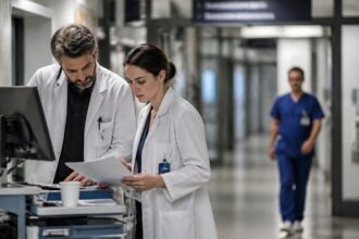 Γιατροί εξετάζουν έγγραφα σε διάδρομο πανεπιστημιακού νοσοκομείου, συμβολική εικόνα για τις περικοπές προσωπικού στο Ρέγκενσμπουργκ