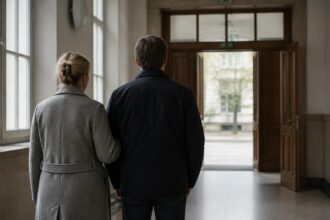 Συμβολική εικόνα διαδρόμου γερμανικού δικαστηρίου με δύο ενήλικες από πίσω, μετά την ολοκλήρωση μιας δικαστικής υπόθεσης