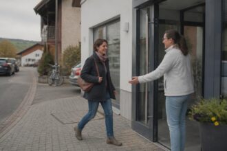 Δύο γυναίκες συναντιούνται έξω από χώρο εργασίας σε μικρή γερμανική πόλη