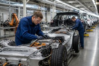 Εργαζόμενοι ελέγχουν αυτοκίνητα σε γραμμή παραγωγής ευρωπαϊκού εργοστασίου.
