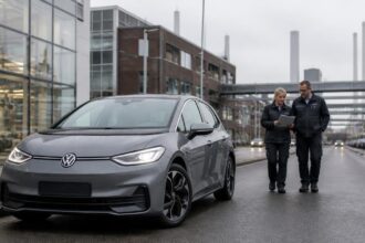 Συμβολική εικόνα ηλεκτρικού αυτοκινήτου Volkswagen μπροστά σε βιομηχανικές εγκαταστάσεις στο Βόλφσμπουργκ