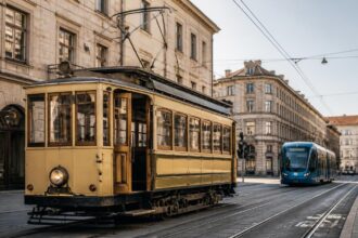 Ιστορικό τραμ σε γραμμές του Μονάχου με νεότερο συρμό στο βάθος